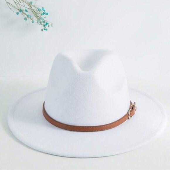 Fedora White Hat Unisex Classy Chic Men Women Buckle Strap - Picture 8 of 14